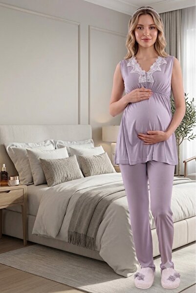 Lohusa Dünyasi Women's Gray Lace 2-Piece New Season Maternity Pajama Set