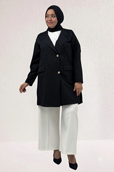 Eslina 63015-1 Büyük Beden Mostralı Blazer Ceket - Siyah