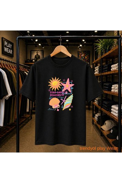 playwear Stay Salty Beach Printed 100% Cotton Oversize Loose Regular Fit Crew...