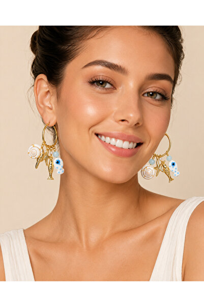 synshop Gold Color Hoop Earrings with Shell, Starfish and Fish Figures, Dangl...