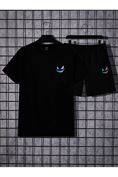 LUMSHİNE Colorful Surat T-Shirt Shorts Set - Black Printed Oversize Crew Neck