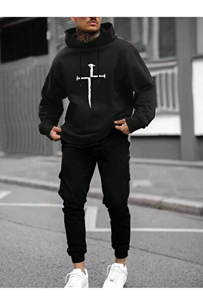 Boi Sword Design Tracksuit Set - Black Printed Set Jogger Sweatshirt Rubber L...