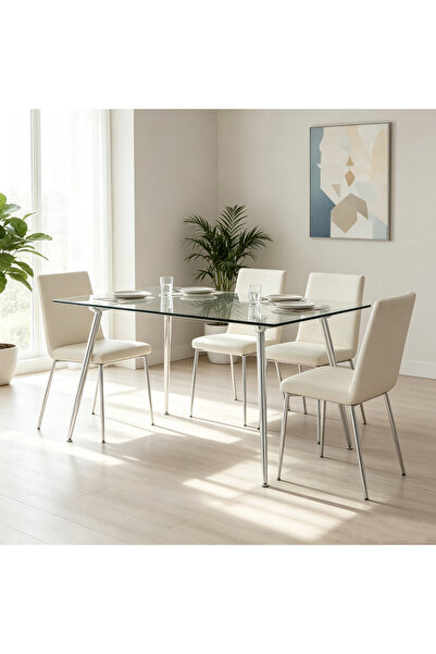 Sinyin Minimalist Silver Metal Leg Clear Tempered Glass Dining Table For Home...