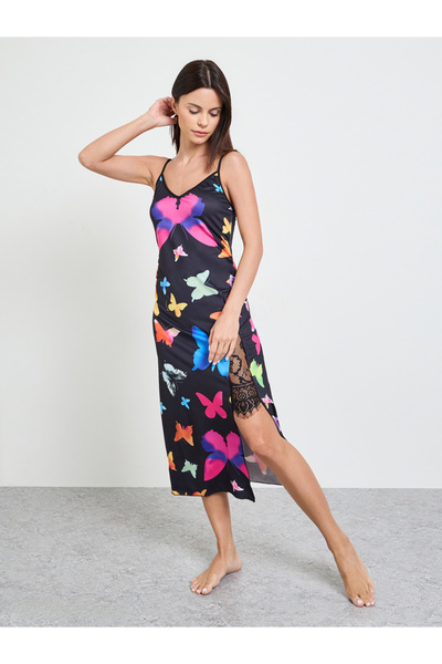Take Two By Styli Black Butterfly Print Lace Trim Slip Dress