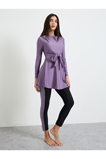Styli Purple Tie Knot Detail Long Tunic And Leggings Burkini Set