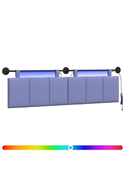 vidaxl Tăblie de pat suspendată Cu lumină LED Albastru Jeans Țesătură