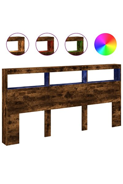 vidaxl Tăblie de pat cu dulap și LED, stejar fumuriu, 200x17x102 cm