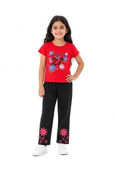 Generic Girls' Set of 2 T-Shirt and Leggings with Flower Pattern (Red)