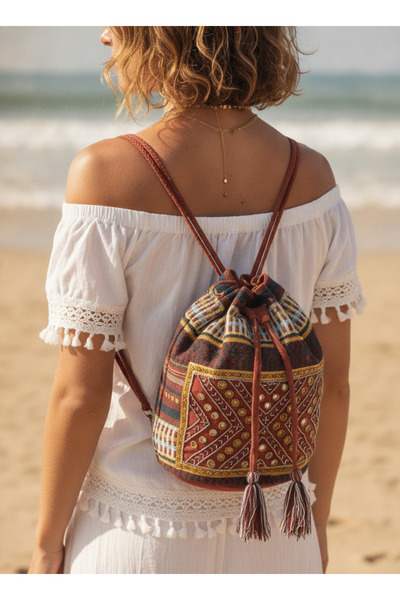 MILANO COLLECTION Rucsac boho ruginiu, brodat manual, bun de plajă