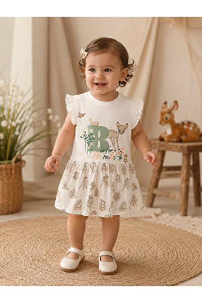 Ugly Duck 6-24 Months Ecru Bambi Printed Baby Girl Dress, 100% Cotton