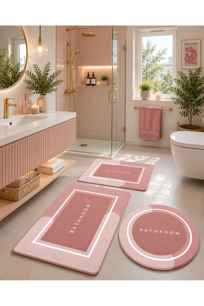 DECOVİST HOME Kaymaz Tabanlı Yıkanabilir 3’lü Yuvarlak Pembe Banyo Paspası ve...