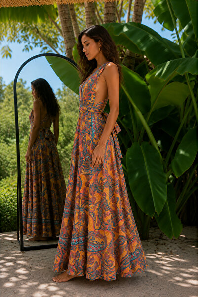 Miss Boheme Orange Color Halter Neck Backless Silk Dress