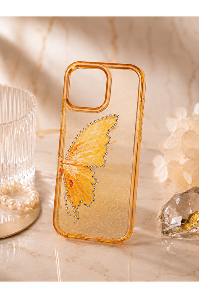 botyco Iphone 13 (6.1 inç) Uyumlu Simli Şeffaf Kelebek Desenli Renk Geçişli İ...