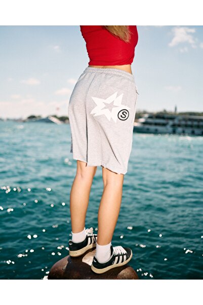Violon Gray Unisex Street Star Detail Oversize Shorts