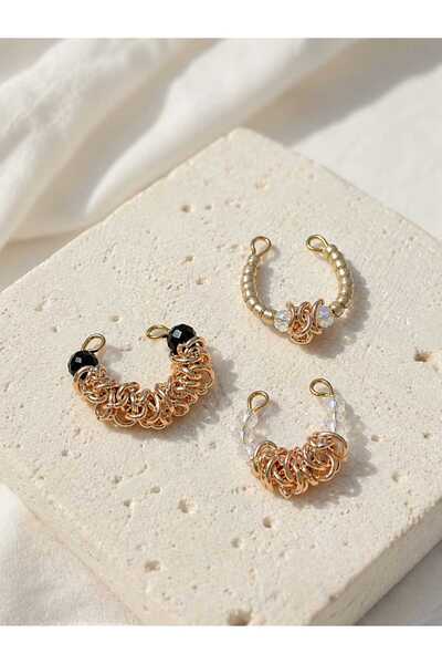 3'lü Ear Cuff Seti Kristal Taşlı Kum Boncuklu Ayarlanabilir Deliksiz Kulak Kıkırdak Küpesi