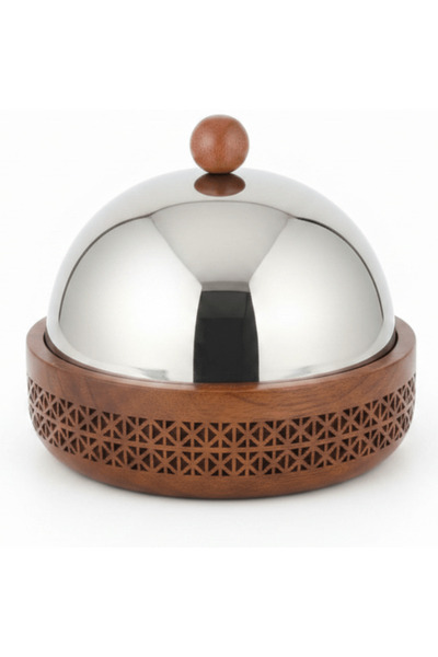 AKDC Luhpar Brown Wooden Bowl with Stainless Steel Dome Lid | 27×27 cm