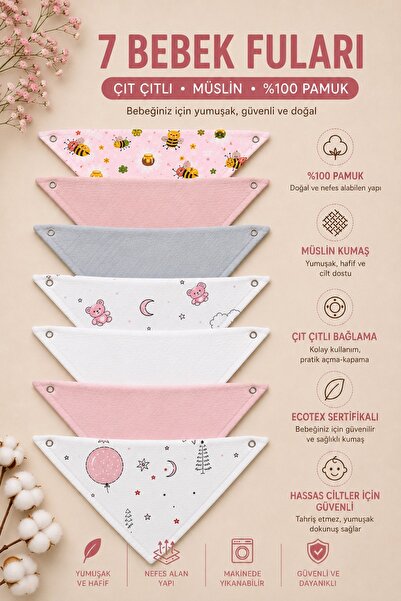 Ayd Home %100 Pamuk Müslin Kumaş Bebek Salya Önlük & Fular 7 Adet