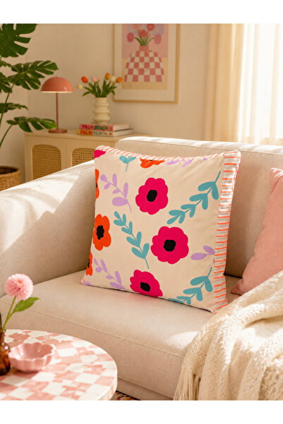 Homeilla Modern Pop Floral Patterned Orange Striped Edged Decorative Throw Pi...