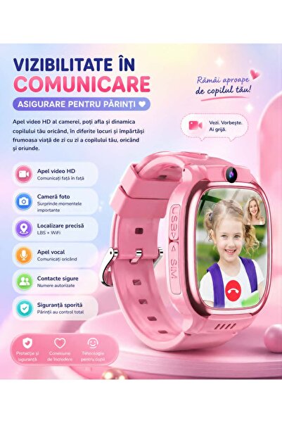 CerCip Smartwatch pentru copii, Y88, cartelă SIM 4G, baterie de 48 de ore, urmărire GPS, cameră de 3MP, încărcare wireless, ecran tactil, apel video, funcție de spionaj, SOS - Negru