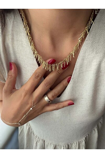 DGK COLLECTİON 14K gold renk altın kaplama saçaklı sallantılı tek başına tasa...