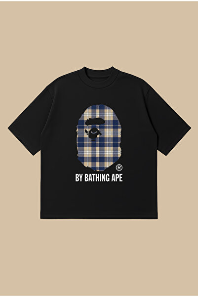 PURE POWER تي شيرت أزرق منقوش بطبعة Bape كبير الحجم وقصّة مربعة للجنسين مصنوع...