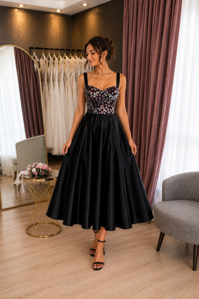 Lenta Moda Siyah Renkli Büstiyer Detaylı Midi Boy Saten Abiye ve Gece Elbisesi