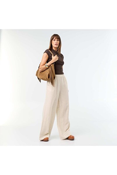 KIABI Wide-leg trousers with elasticated waist BEIGE