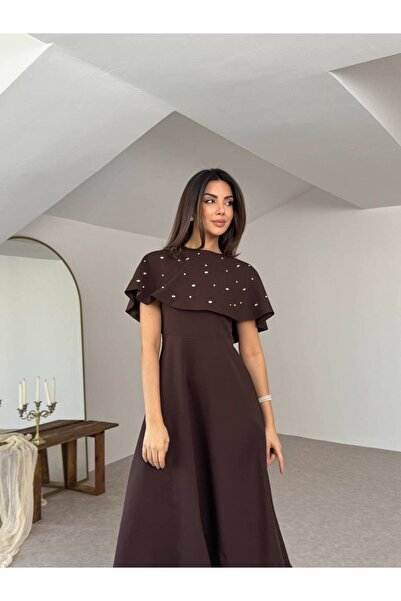 maf collection Women's Brown Square Neck Thick Strap Crepe Fabric Backless Ca...