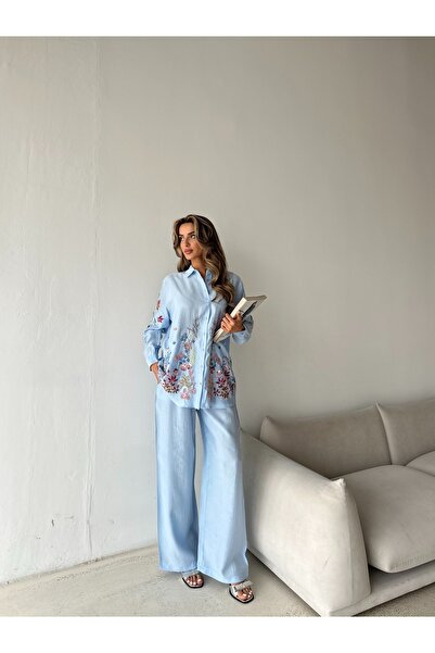MİA NOURA قميص نسائي مع أكتاف وأكمام مطرزة بالحجارة، طقم قميص وبنطلون قياسي