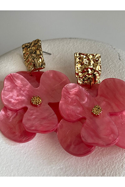 BHR AKSESUAR Gold Color Pink Flower Earrings (6 cm)