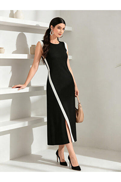 Take Two By Styli Black Sleeveless Midi Dress With Contrast Trim