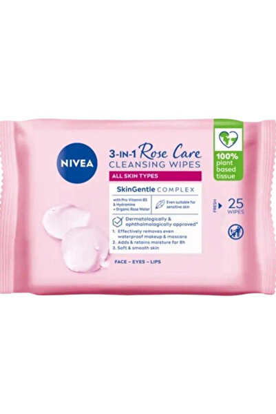 NIVEA 3 σε 1 Μαντηλάκια Καθαρισμού Περιποίησης Τριαντάφυλλου, 25 τεμάχια