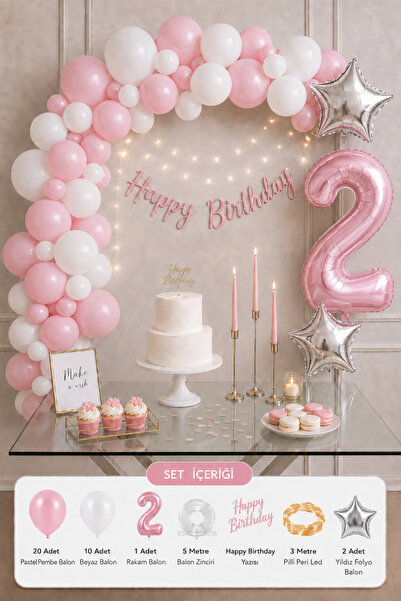 Baloncu Nene 2 Yaş Kız Çocuk Pastel Pembe Beyaz Doğum Günü Seti Pembe Rakam B...