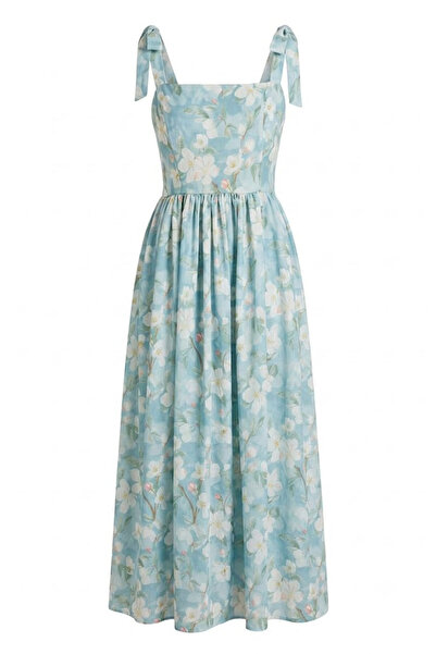KECHİ WOMAN Strappy Floral Patterned Dress Baby Blue