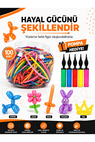 Zeyn Gross 100'lü Sosis Balon Seti Renkli Uzun Şekil Verilebilir Balon Kavano...