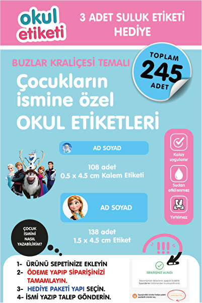 OKUL ETİKETİ BASKI OKUL ETİKETİ BUZLAR KRALİÇESİ TEMALI MİDİ PAKET İSME ÖZEL ...
