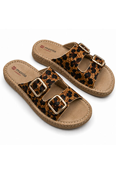 monla comfort slippers MONLA Comfort Kadın Leopar Desenli Çift Tokalı Dikiş D...