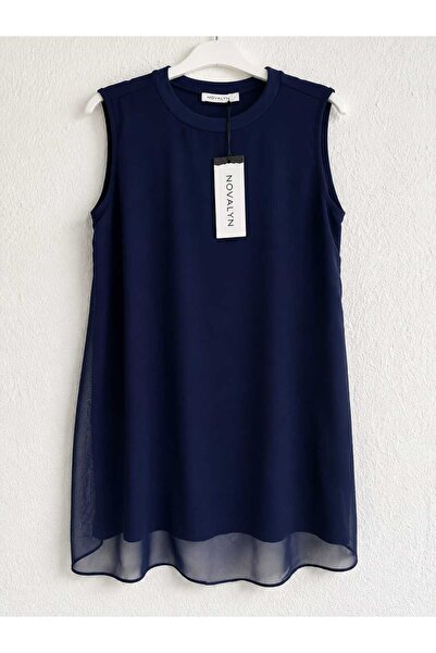 NOVALYN SHOP Kadın Lacivert Kolsuz Tunik Bluz Şifon Kumaş Bisiklet Yaka Uzun ...