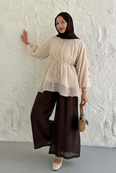 Modaensarbutik Vual Kumaş Balon Kol Bluz ve Pantolon Tesettür Takım-TAŞ