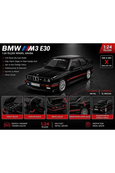 Aksoy Toys BMW M3 E30 Serisi Diecast Metal Model Araba 1:24 Ölçek Işıksız Kap...