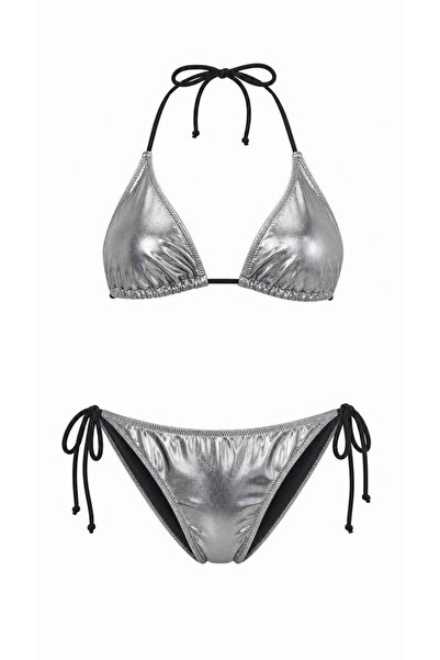 XSTİL BUTİK Kadın Gümüş Parlak (Metalik) Üçgen Bikini Takımı – Bağlamalı 2'li