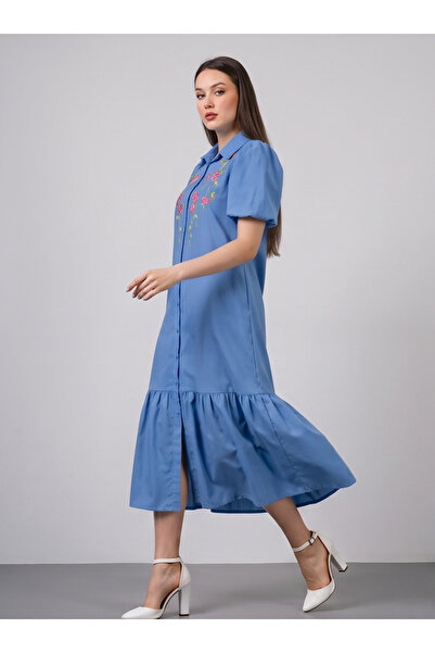 gökçesu Women's Floral Embroidered Shirt Collar Buttoned Midi Length Ruffle D...