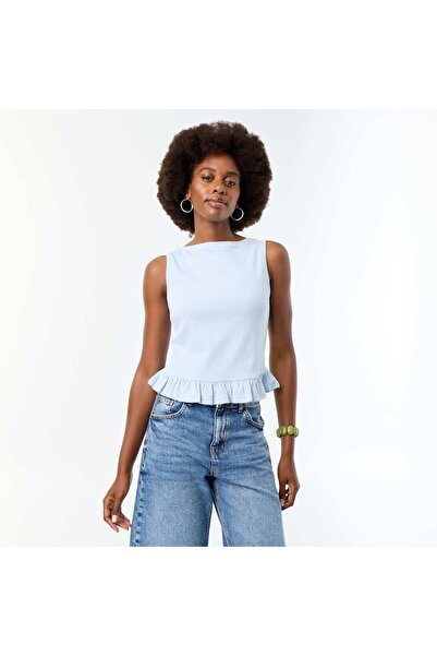 KIABI Tank Top with Boat Neck and Ruffled Hem BLUE