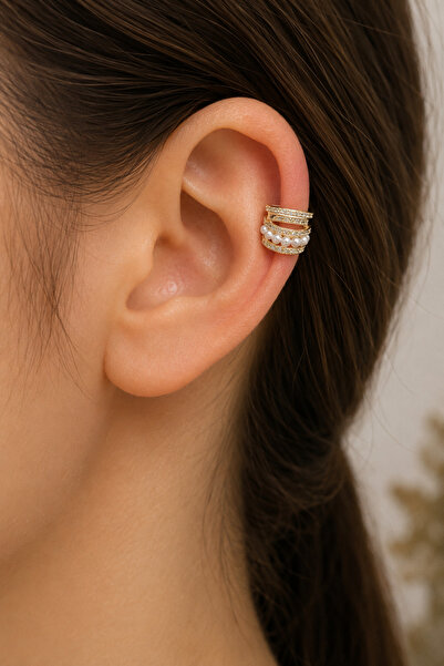 Bymiel Gold Color Pearl and Zircon Stone Multi-Row Cartilage Earrings – Singl...