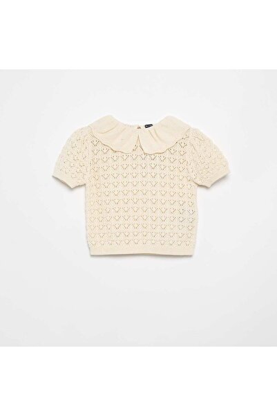 KIABI Short-Sleeved Pointelle Sweater with Peter Pan Collar BEIGE