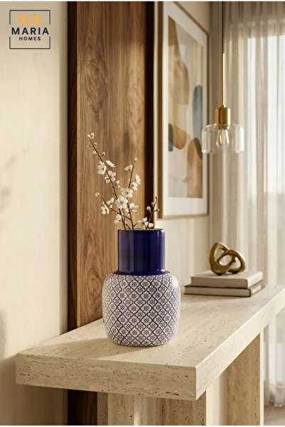 MARIA HOMES Blue and White Patterned Decorative Vase, Modern Ceramic Flower H...