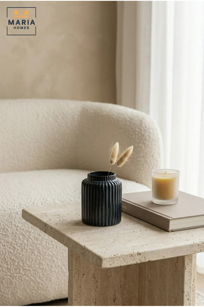 MARIA HOMES Blue Ribbed Decorative Vase, Modern Cylindrical Flower Holder wit...