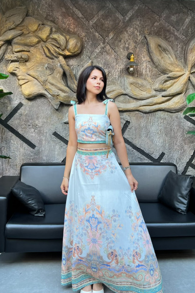 sunfyre Women's Turquoise Ecru Lace-Up Bustier Skirt Linen Maxi Set Sun412