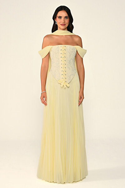 ALFABETA Off Shoulder Glitter Tulle Corset Waist Shawl Chiffon Long Dress 7466