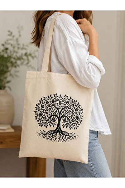 Tomris Hatun Tree of Life Themed Printed Raw Cloth Bag, Shoulder Bag, Shoppin...